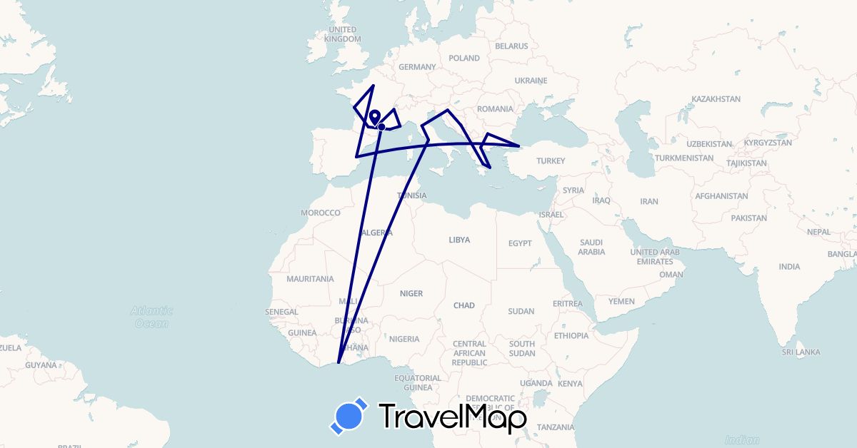 TravelMap itinerary: driving in Bosnia and Herzegovina, Bulgaria, Côte d'Ivoire, Spain, France, Greece, Croatia, Italy, Turkey (Africa, Asia, Europe)